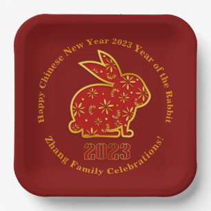 Add Name Chinese New Year 2023 Rabbit Red Gold 9"  Paper Plate