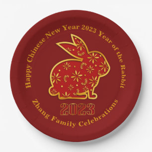 Add Name Chinese New Year 2023 Rabbit Red Gold  9" Paper Plate