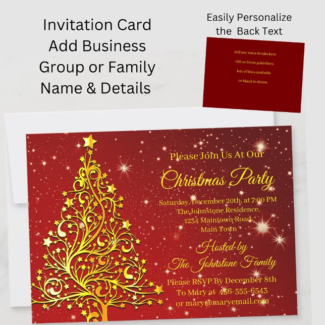 Add Name Christmas Red Gold Tree Party Invitation (Creator Uploaded)