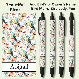 Add Name, Colourful Birds Black Ink Pen