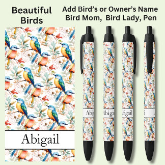 Add Name, Colourful Birds Black Ink Pen