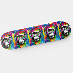 Add Name, Colourful Monkey with Headphones Skateboard