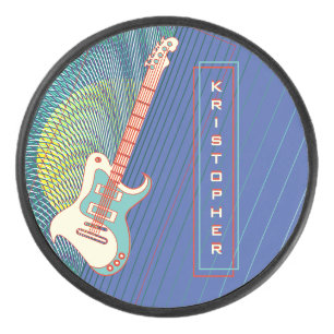   Add Name Cool Modern Teal & Blue Electric Guitar Hockey Puck