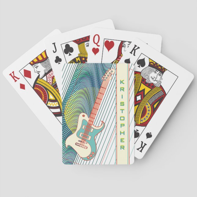  Add Name Cool Modern White & Teal Electric Guitar Playing Cards (Back)