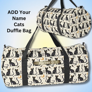 Add Name, Cute Black Cats & Moon Duffle Bag