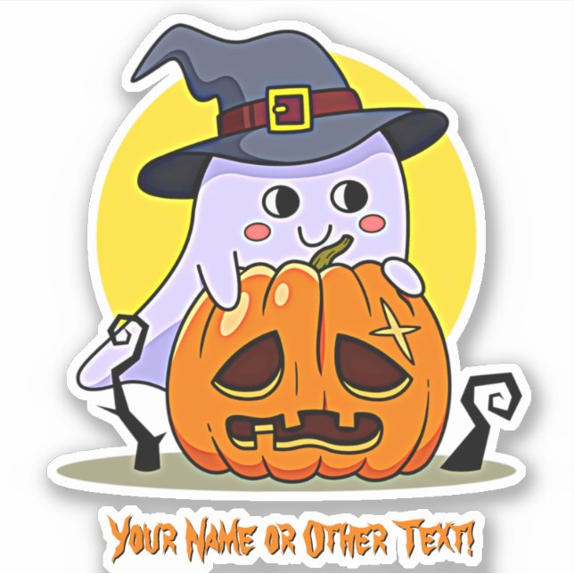 Add Name, Cute Ghost Pumpkin Moon Witch Hat        (Front)