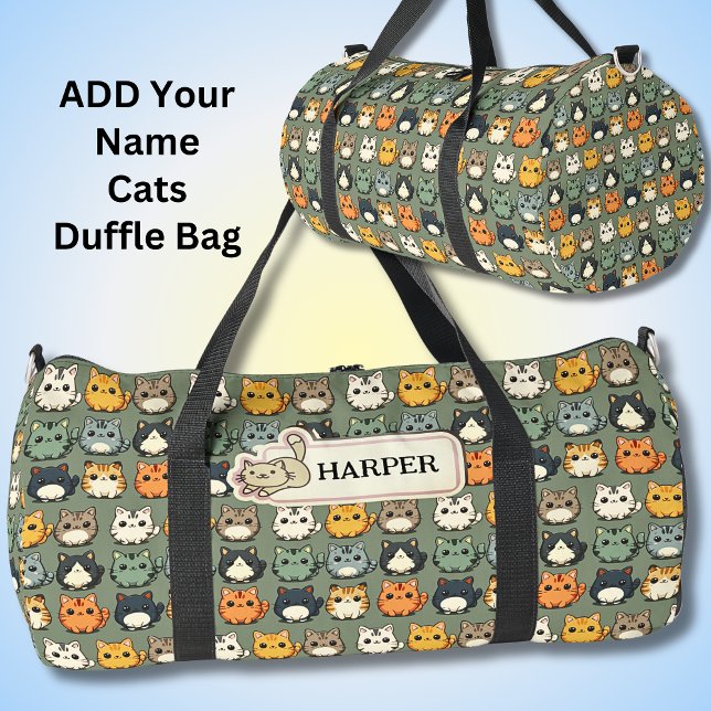 Add Name, Cute Kawaii Cats on Green Duffle Bag (Creator Uploaded)