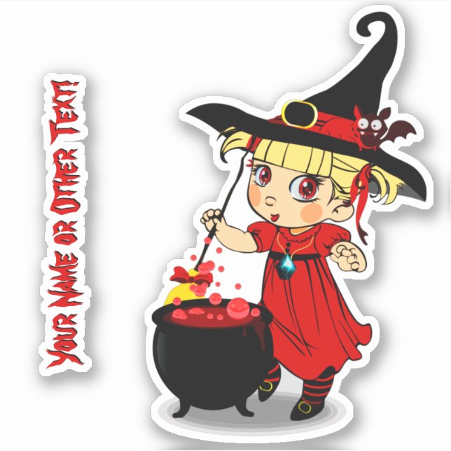 Add Name, Cute Little Girl Witch with Cauldron Bat (Front)