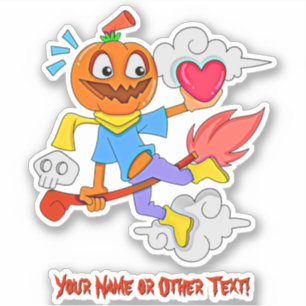 Add Name, Cute Pumpkin Flying on Broomstick Heart 