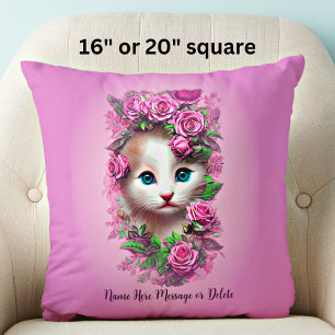 Add Name Cute Shabby Chic Kitten with Pink Roses Cushion