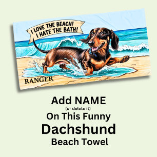Add Name, Dachshund Dog Running in Waves Beach Towel