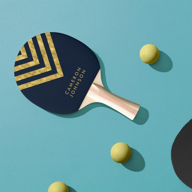 Add Name Dark Blue and Faux Gold Chevron Ping Pong Paddle (Creator Uploaded)
