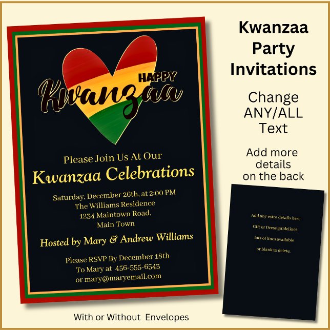 Add Name Date Details Happy Kwanzaa Heart, Party Invitation (Creator Uploaded)