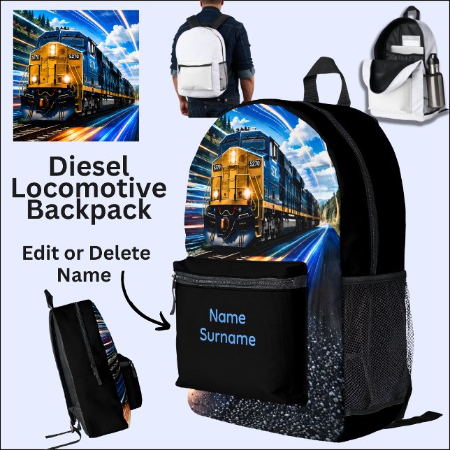 Add Name Diesel Locomotive Train on Black Printed Backpack (Creator Uploaded)