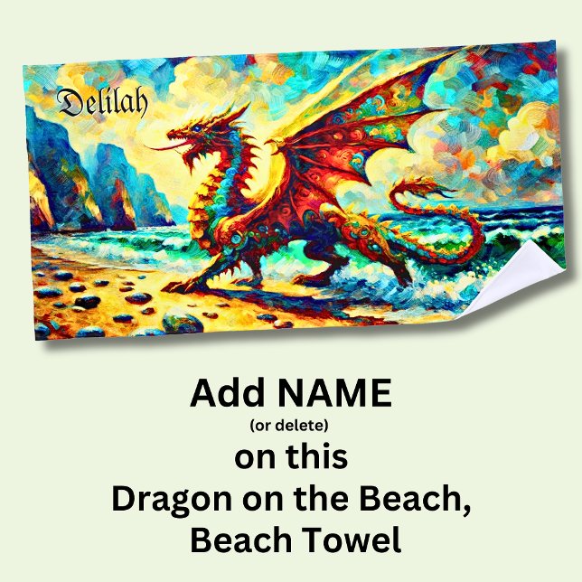 Add Name,  Dragon on Beach at Sunset Beach Towel (Creator Uploaded)