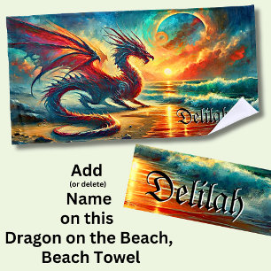 Add Name, Dragon on Beach at Sunset Towel