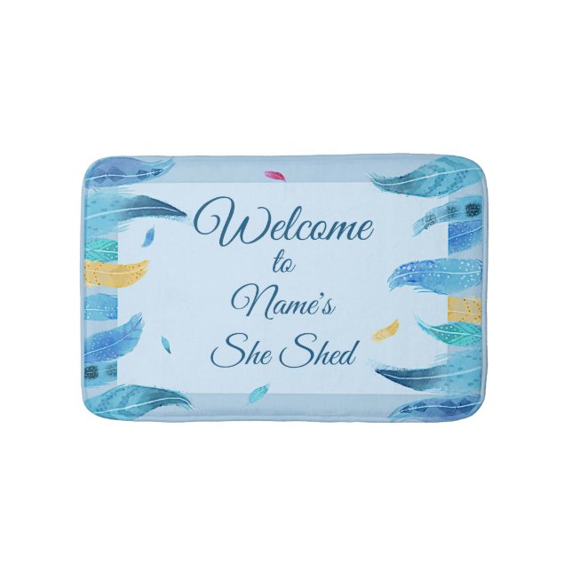 Add Name Edit Text She Shed Boho Blue Feathers     Bath Mat (Front)