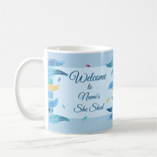 Add Name Edit Text She Shed Boho Blue Feathers     Coffee Mug