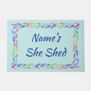 Add Name Edit Text She Shed Boho Blue Feathers Doormat