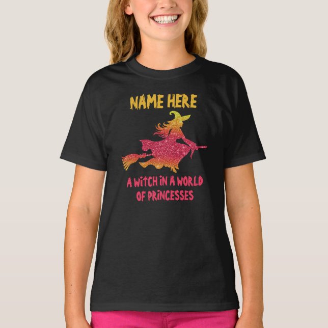 Add Name Edit Text Witch Flying Broom Halloween    T-Shirt (Front)