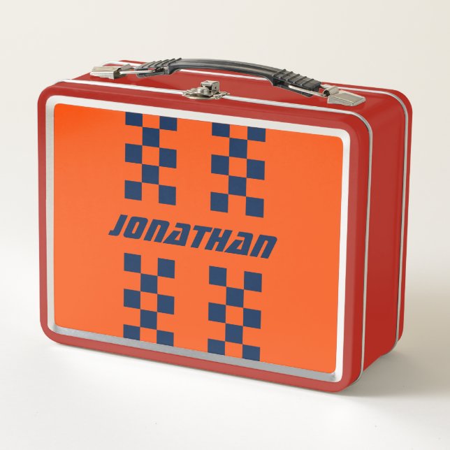 Add Name Editable Colours Double Chequered Stripes Metal Lunch Box (Front)