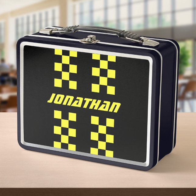 Add Name Editable Colours Double Chequered Stripes Metal Lunch Box (Creator Uploaded)