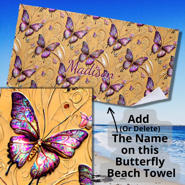 Add Name, Fantasy Butterfly Mauve Iridescent  Beach Towel (Creator Uploaded)
