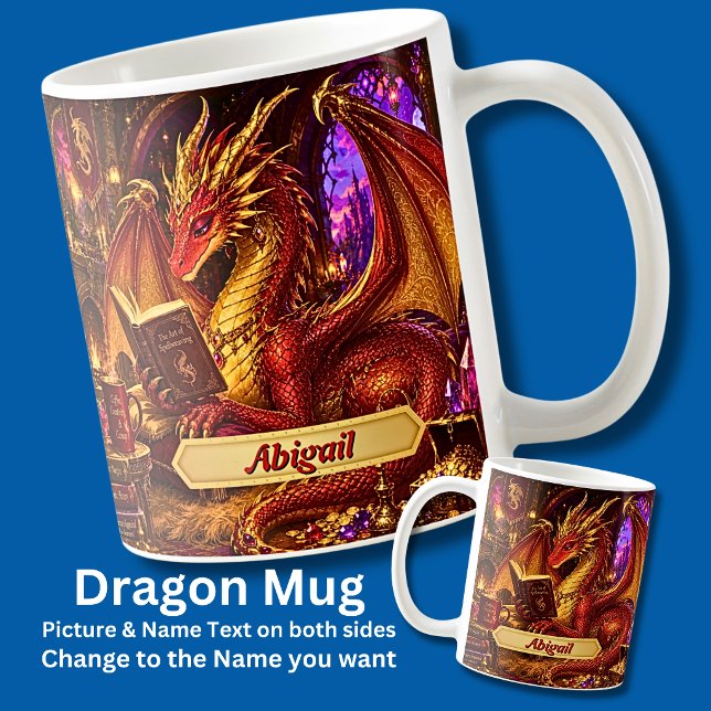 Add Name, Fantasy Dragon with Book & Coffee  Mug (Creator Uploaded)