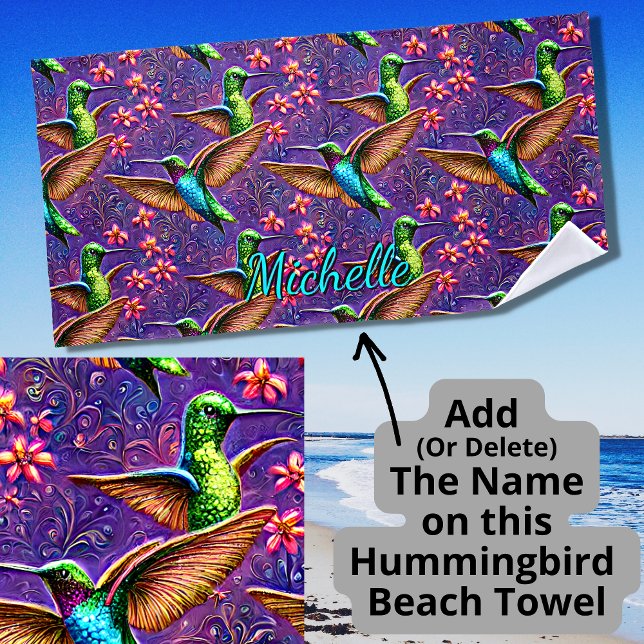 Add Name Fantasy Flight of Colourful Hummingbirds Beach Towel (Creator Uploaded)