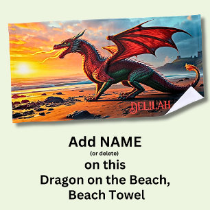Add Name, Fire Breathing Dragon on the Beach, Beach Towel
