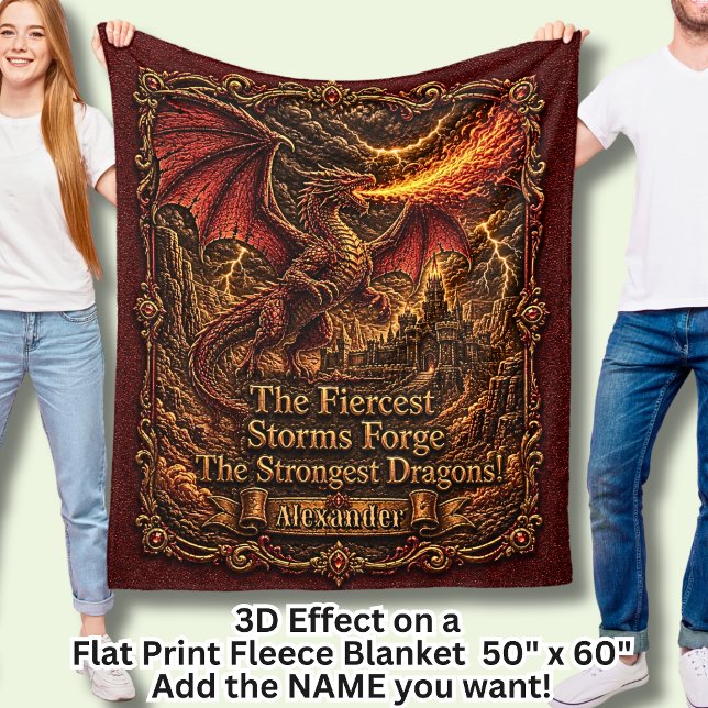 Add Name Fire Dragon Red 3D Effect Motivational  Fleece Blanket (Creator Uploaded)