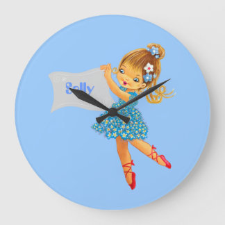 Add name Flower Fairy clock, girly pretty blue Large Clock