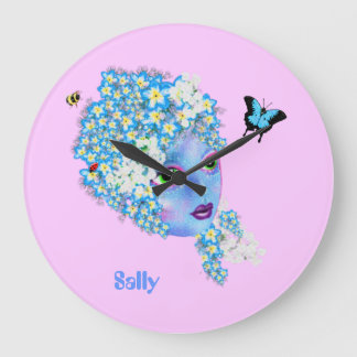 Add name Flower Fairy clock, girly pretty blue Large Clock
