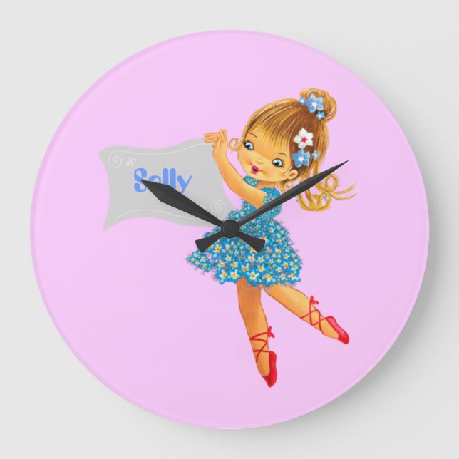 Add name Flower Fairy clock, girly pretty bluepink Large Clock (Front)