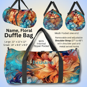 Add Name Flowers Aqua & Gold Floral Abstract Duffle Bag