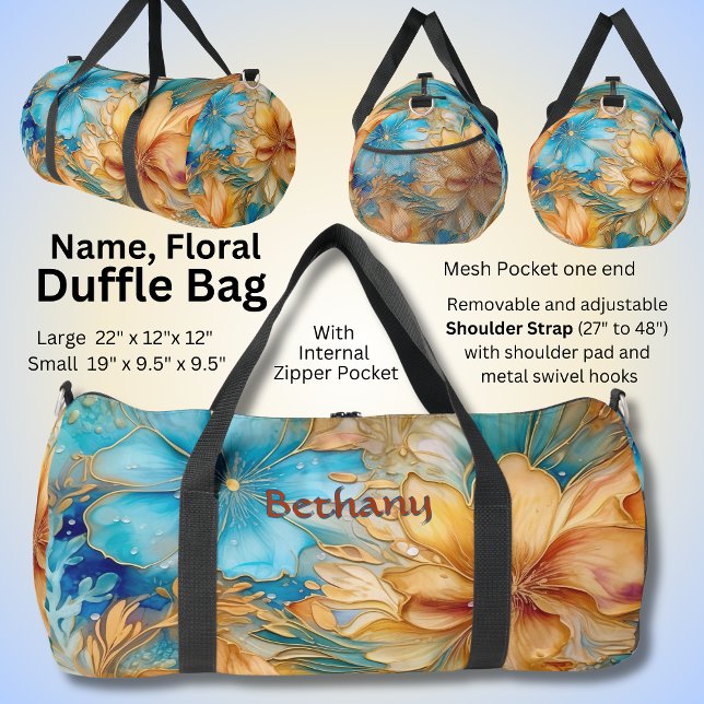 Add Name Flowers Aqua & Gold Floral Abstract Duffle Bag (Creator Uploaded)