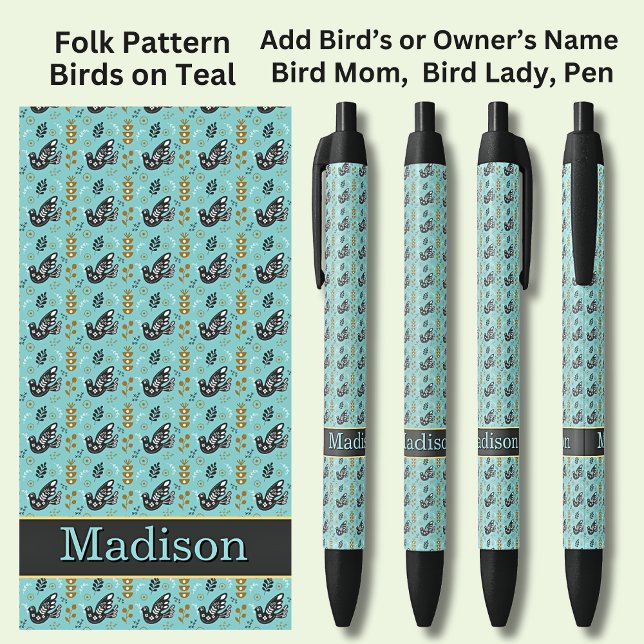 Add Name, Folk Pattern Black Birds on Teal Green, Ink Pen (Creator Uploaded)