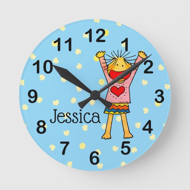 add name - fun little girl round clock (Front)