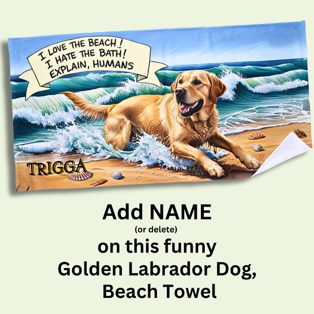 Add Name, Golden Labrador Dog Running in Waves Beach Towel (Creator Uploaded)