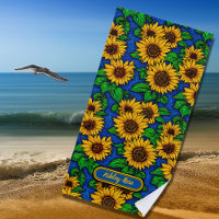 Add Name Golden Sunflowers & Leaves on Dark Blue