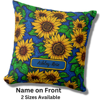 Add Name Golden Sunflowers & Leaves on Dark Blue  Cushion