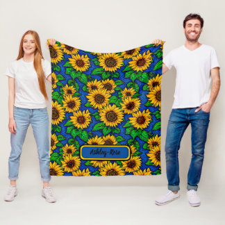 Add Name Golden Sunflowers & Leaves on Dark Blue Fleece Blanket
