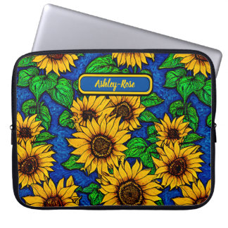 Add Name Golden Sunflowers & Leaves on Dark Blue Laptop Sleeve