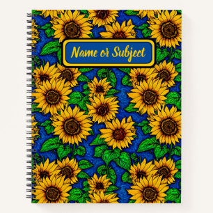 Add Name Golden Sunflowers & Leaves on Dark Blue Notebook