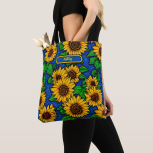 Add Name Golden Sunflowers & Leaves on Dark Blue Tote Bag