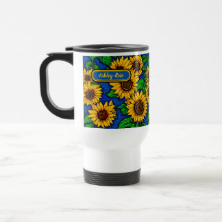 Add Name Golden Sunflowers & Leaves on Dark Blue Travel Mug