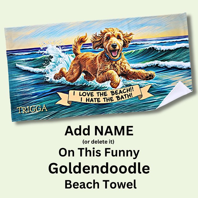 Add Name, Goldendoodle Dog Splashing in the Waves Beach Towel (Creator Uploaded)