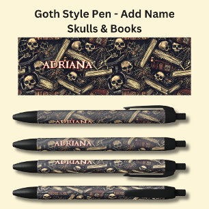 Add Name, Goth Gothic Books & Skulls on Black Pen