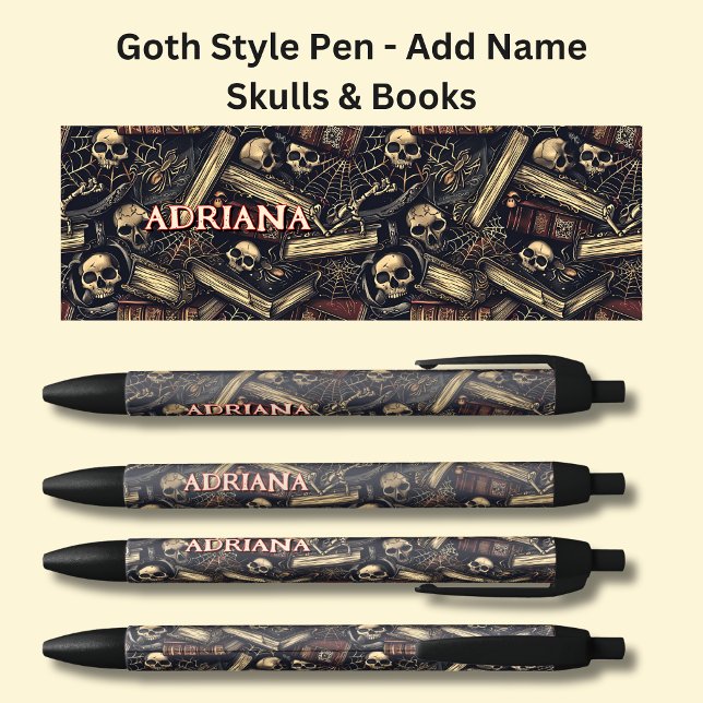 Add Name, Goth Gothic Books & Skulls on Black Pen (Creator Uploaded)
