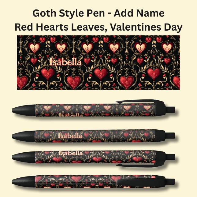 Add Name, Goth Gothic Red Valentines Hearts  Leaf Black Ink Pen (Creator Uploaded)